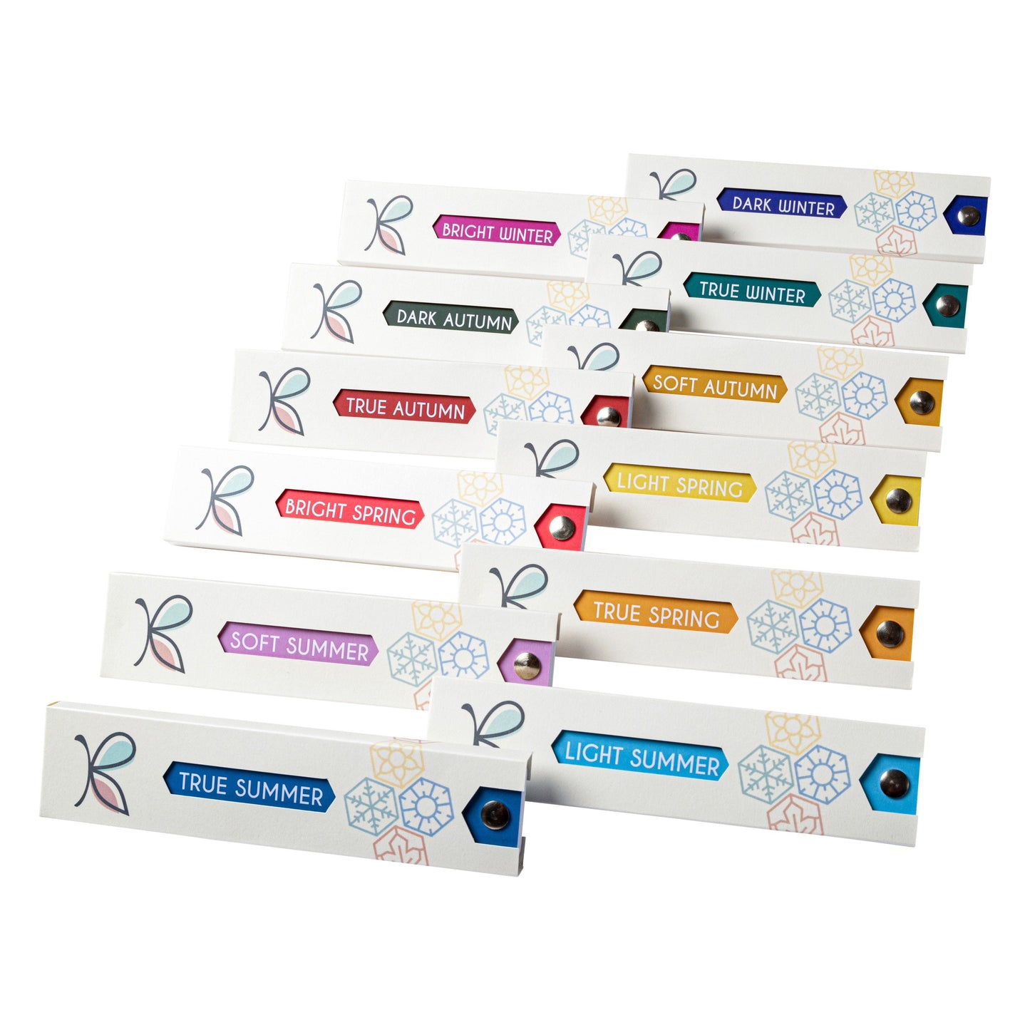 Complete Set of 12 Seasonal Colour Palettes – 12 Season Colour Analysis Fans by Kelly Tavora.